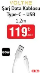 VOLTME ŞARJ DATA KABLOSU TYPE-C USB 1,2 M 60 W